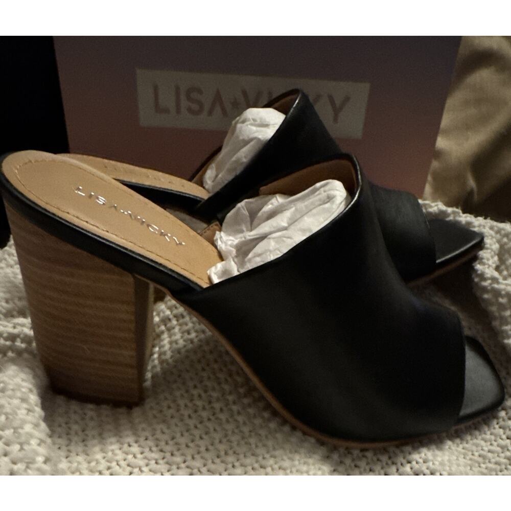 Lisa Vicky Virtue V Heels Black Sheep Nappa Leather Block Heel Mule 9 M NIB - Picture 3 of 8